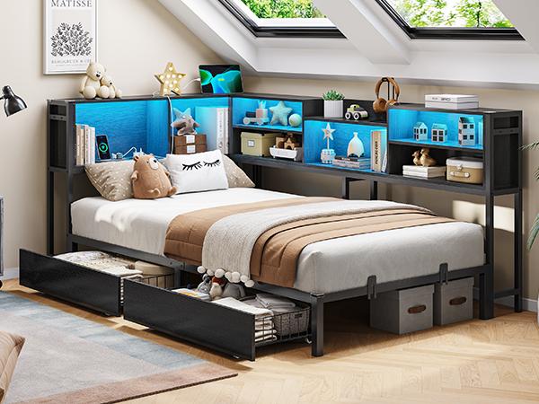 Hasuit Twin Corner Bed Frame with Storage Bookcase, Twin Size Daybed with 2 Underneath Storage Drawers, Kids Bed Unit with Charging Station and LED Light, Modern Teenagers Bedframe