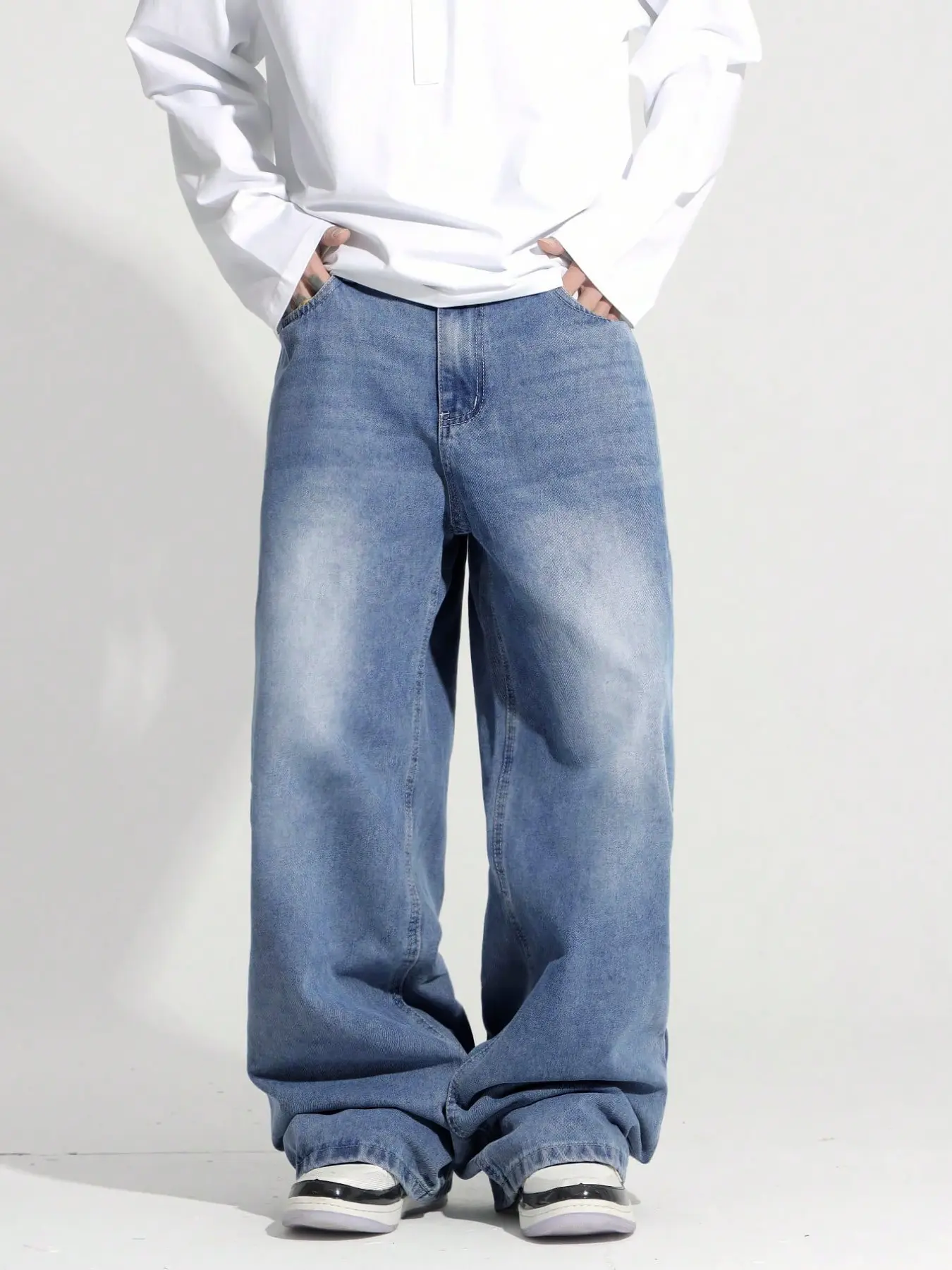 New Men's Light Color Vintage Washed Denim Jeans, Loose Fit Wide Leg Style, Casual Fashion for Daily Wear, All Seasons Comfortable