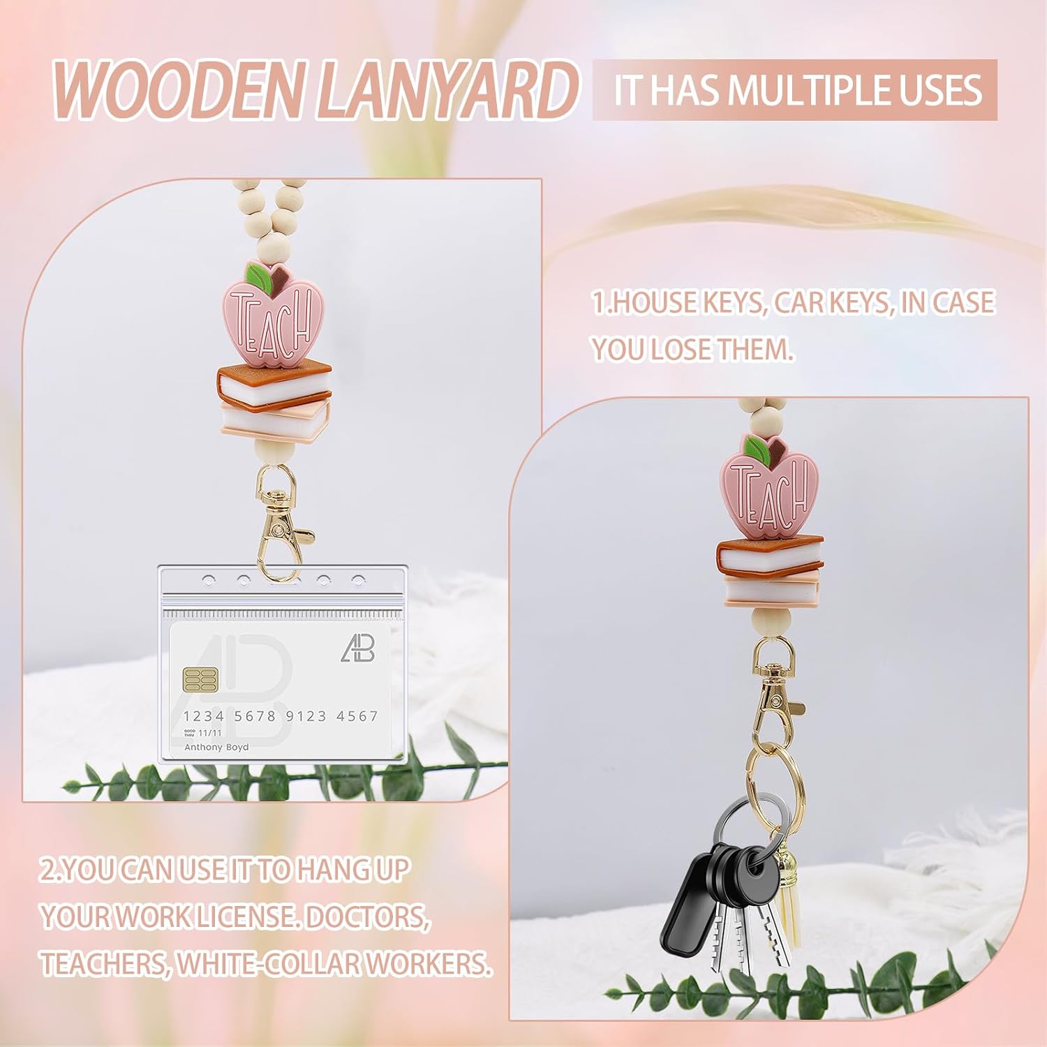 Wooden Beaded Id Card Lanyard for Women with ID Holder, Fashion Heart-Beaded Lanyard for Identification Badges (Office Supplies)