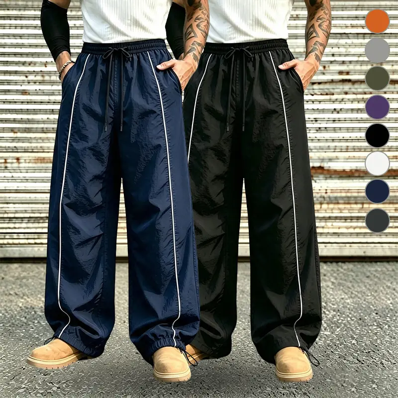 Men Convertible Hem Wide Leg Windbreaker Pants, Wrinkle-Free Thin Shell Trousers with Double Side Contrast Tape, Dual Drawstring Elastic Waist, Slant Hand Pockets for Skate Street Style
