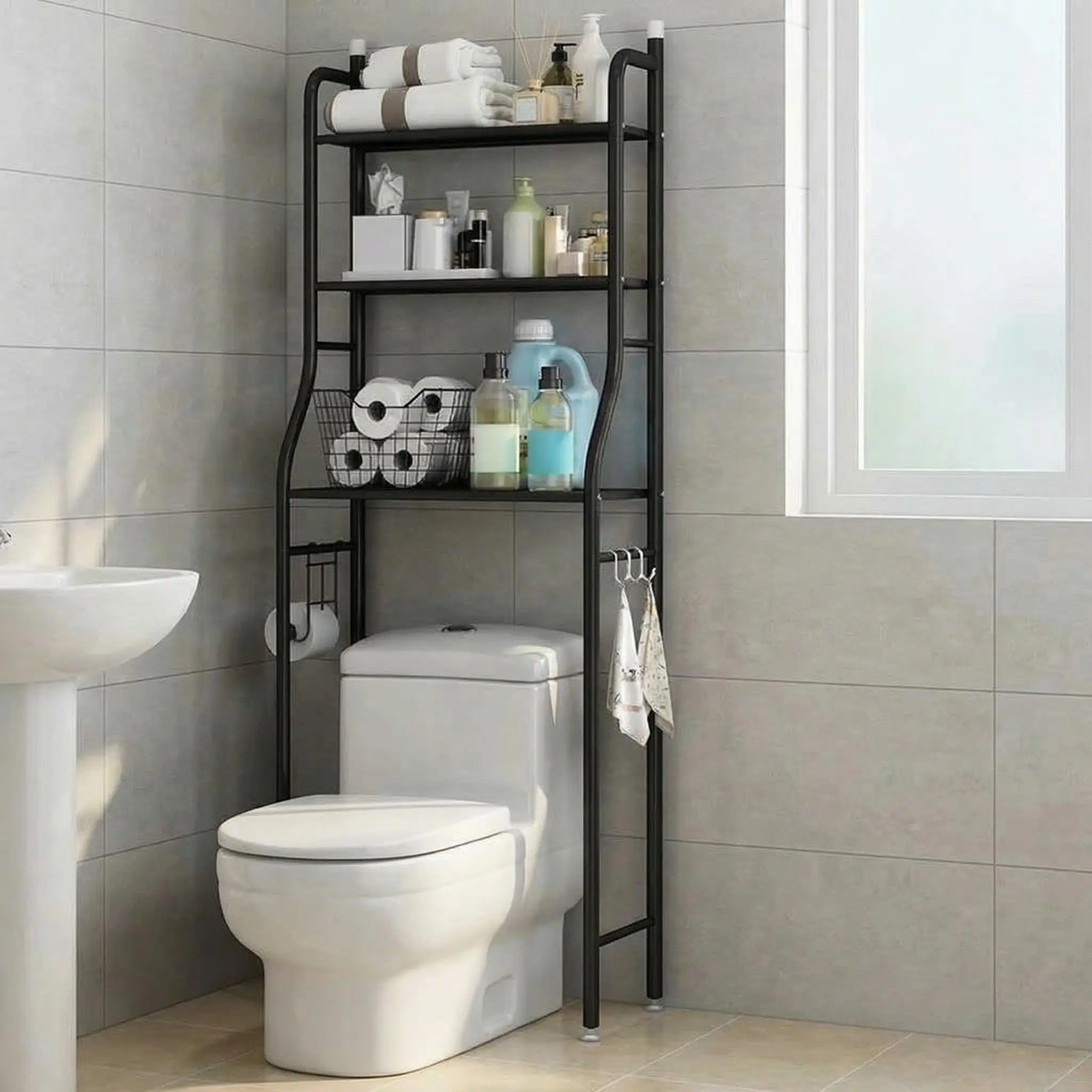 3 Tier Over The Toilet Storage Rack with Towel and Paper Holder, Freestanding Metal Bathroom Organizer Shelf with Adjustable Feet, Space Saving Stand for Restroom Laundry Balcony
