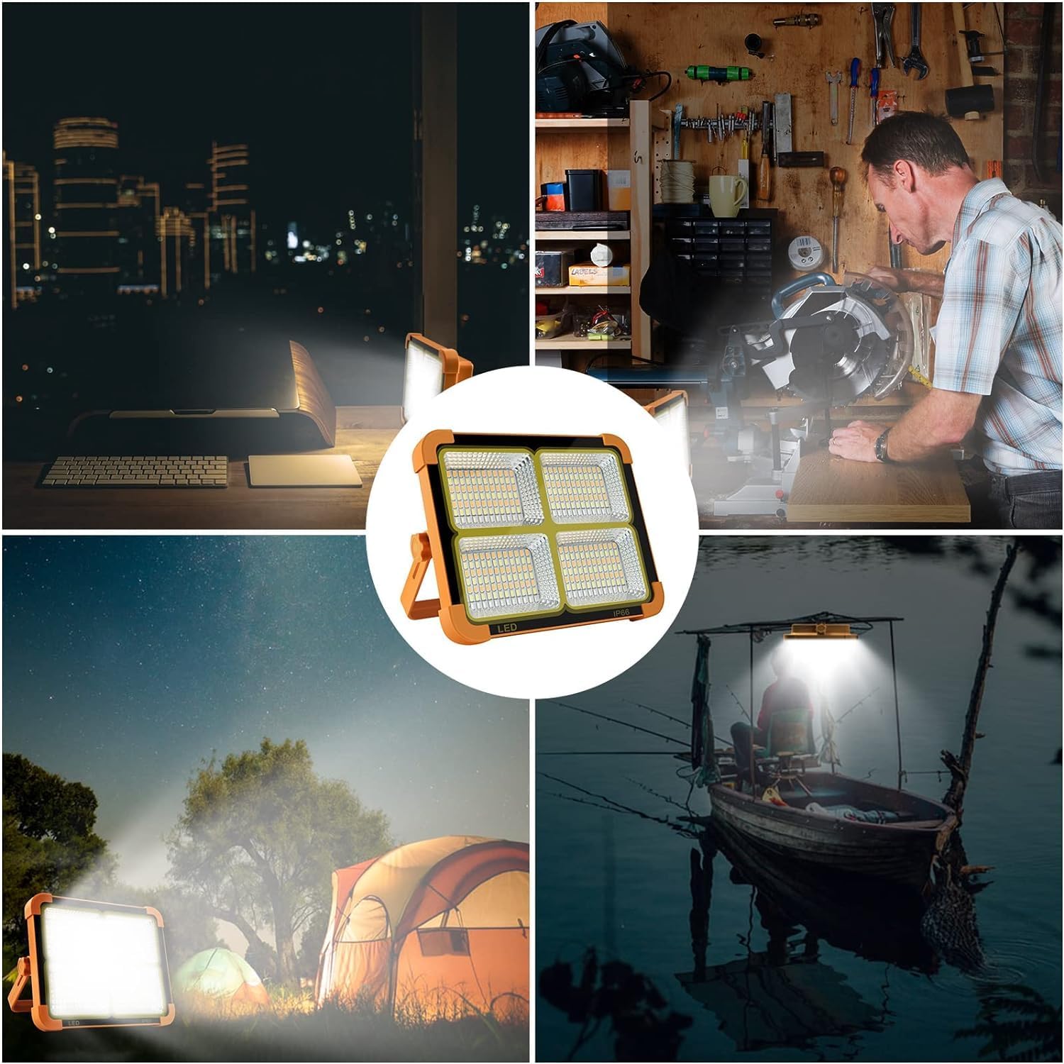 Solar Rechargeable Work Light, IP66 Waterproof LED Floor Light with Stepless Brightness for Mechanic Camping Fishing Car Repair Emergency Worklight for Hurricane