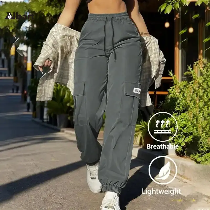 AIbart Women Solid Black Lightweight Cargo Jogger Pants, Y2K Retro Streetwear Trousers with Adjustable Drawstring Waist & Multi Pockets, Versatile Athletic Casual Jogging Bottoms for Spring & Autumn Outdoor Daily Wear work travel