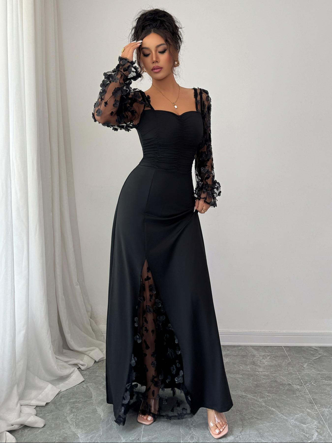 Pure Color Elegant Chic Square Neck Mesh Long Sleeve Split Design Dress, Fitted Plain Style, Perfect for Casual and Formal Occasions