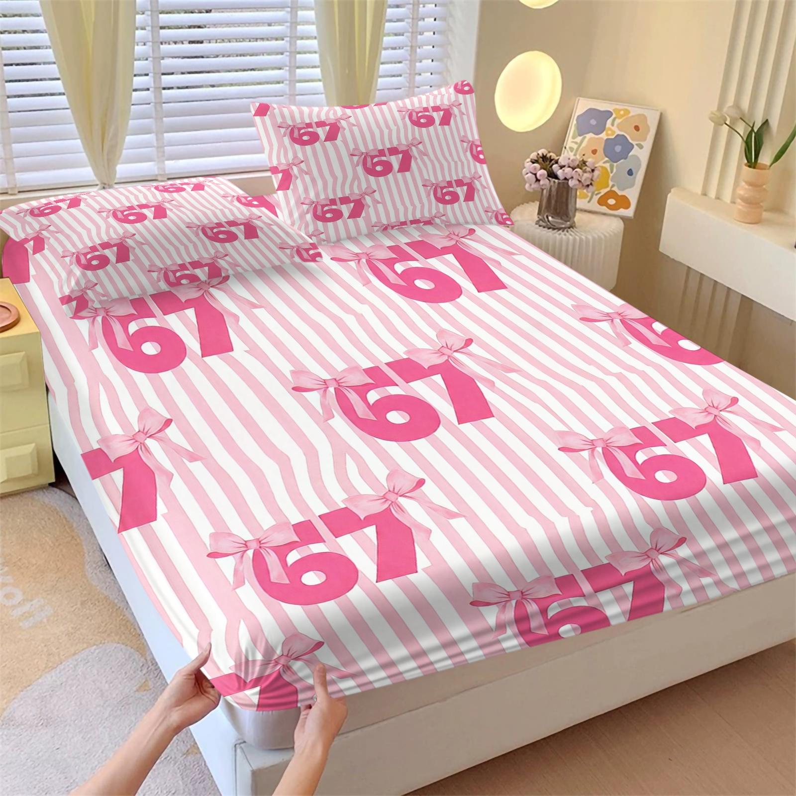 Girly-Style 67 Number Meme Limited Fitted Sheet Set (2 Pillowcases Included) | Soft & Comfortable, Creative Trendy Gift, Home Personality Highlight Bedsheet Sets