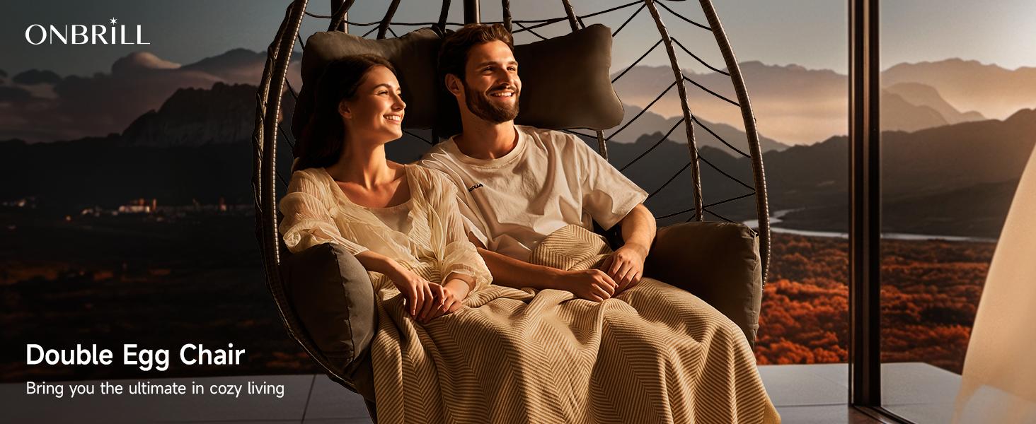 【SPRING GLOW UP】ONBRILL Double Egg Chair with Stand, Indoor Outdoor 2 Person Hammock Swing Chair with Cushions & Headrest, 650LBS Capacity Hanging Loveseat for Patio, Bedroom, Garden, Balcony