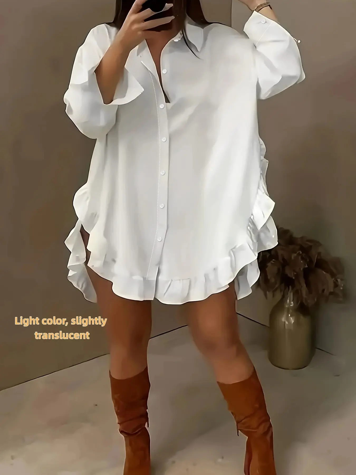 Women's Plain Ruffle Trim Button Front Baggy Fit Blouse, Shirts, Casual Long Sleeve Collared Top for Daily Wear, Feminine Ladies Clothes for All Seasons