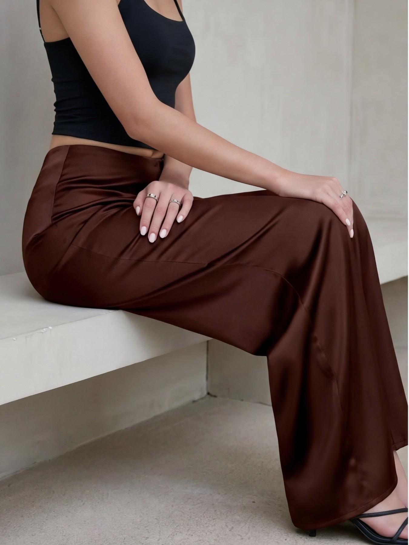 Elegant Acetate Satin Long Pants for Women, High-Waisted Straight Leg Wide Leg Trousers, Office Wear Outerwear, Premium Quality, Bottoms
