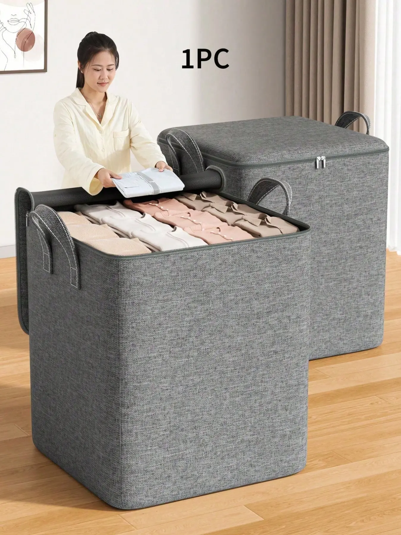 Large Capacity Fabric Storage Box, Foldable Dustproof Bag with Reinforced Handles, Zipper Quilt Clothes Organizer, Home Moving Packing Bag
