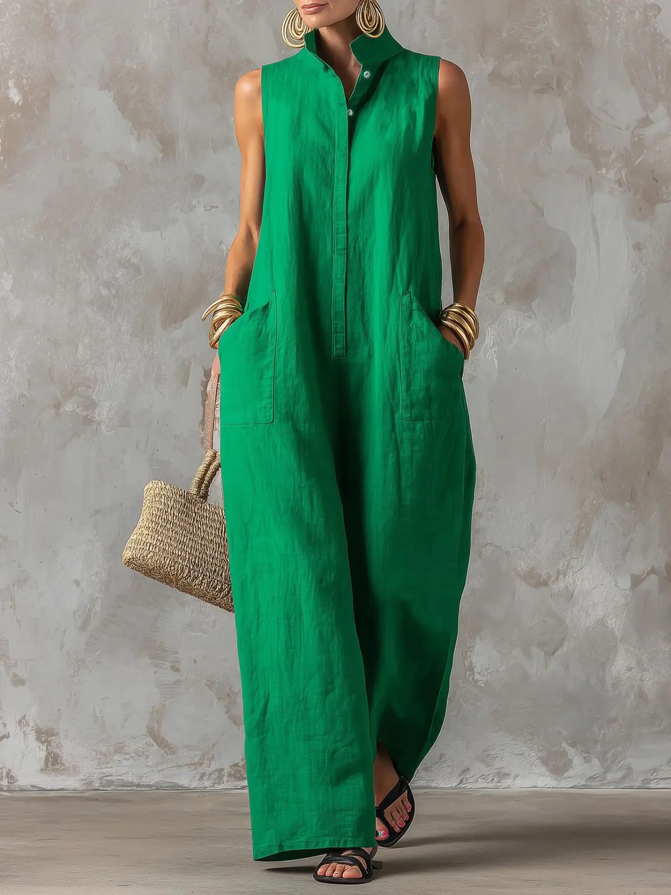 2026 New Fashion Chic Halter Sleeveless Plain Pocket Jumpsuit, High-End Vacation Style, Casual Lazy Fit, Suitable for Work and Daily Outing