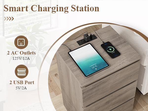 FOTOSOK Nightstand Set of 2, Nightstad with Charging Station, White Nightstand with 3 Drawers, Nightstand with USB Ports, Power Outlets, Silent Slides, Wooden End Side Table Bedside Table for Bedroom, 2 Pcs
