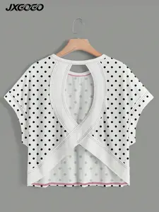 JXGOGO Y2K Vintage Polka Dot Back Cross Cutout Backless Top Batwing Short Sleeve Soft Workout Tee Cute Aesthetic Outfit For Pilates Gym Shopping Daily Wear