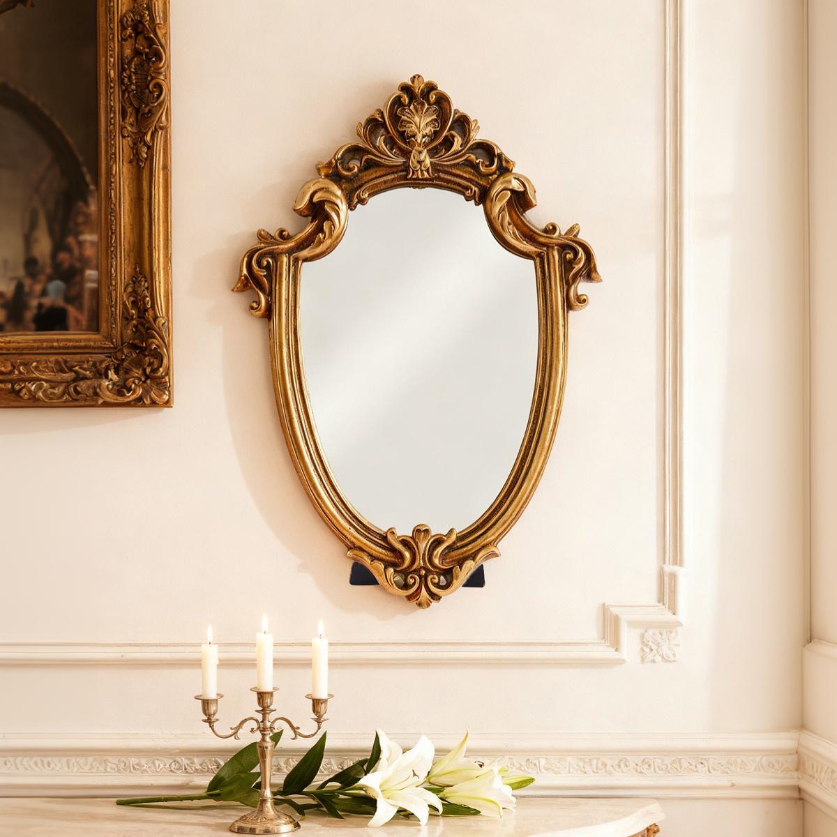 European Classical Gold Pattern Mirror Decorative Ornament, Wall-Mounted or Tabletop, Home Wall Decoration, Vanity Mirror