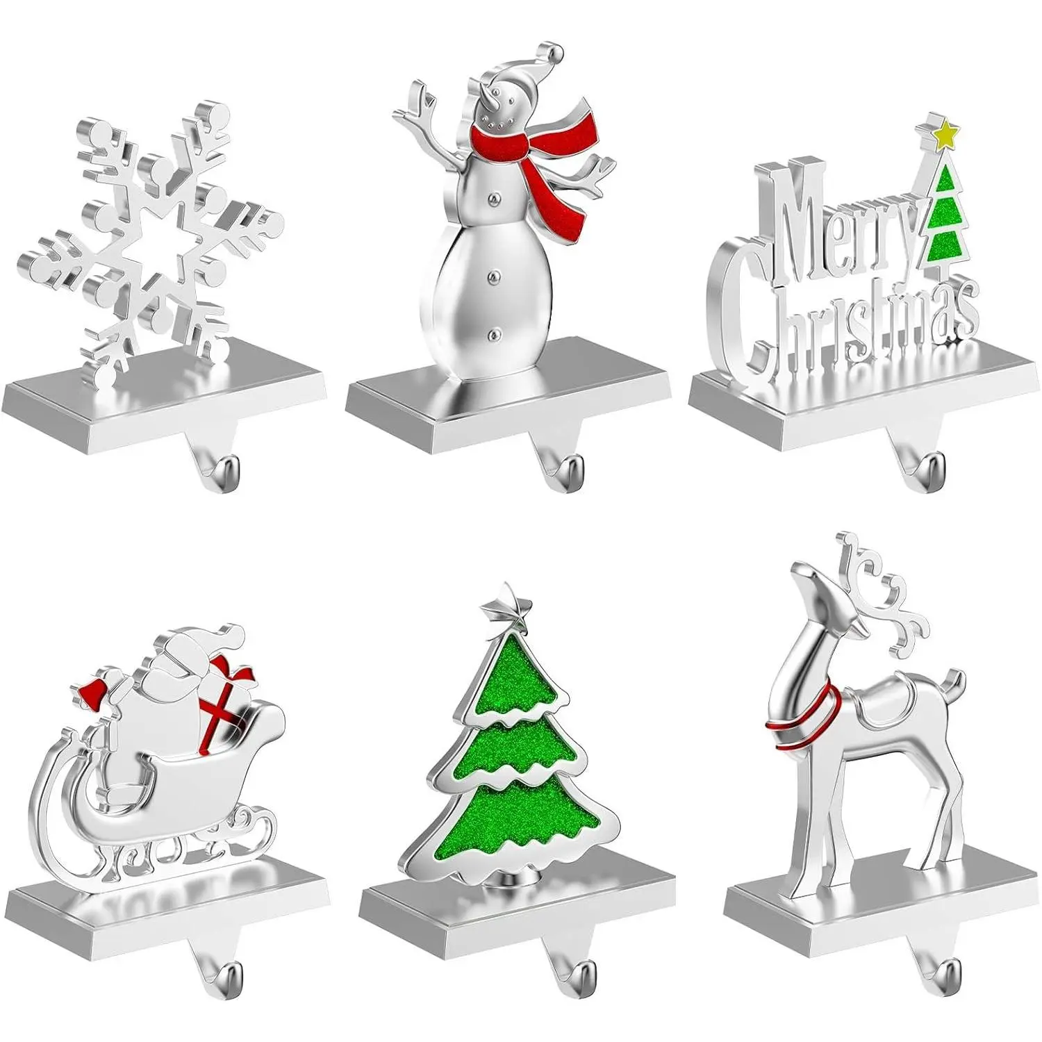 6 Pack Christmas Stocking Holders Snowflake Snowman Tree Reindeer Heavy Weighted Hooks for Mantel Fireplace Windows Indoor Decorations Silver