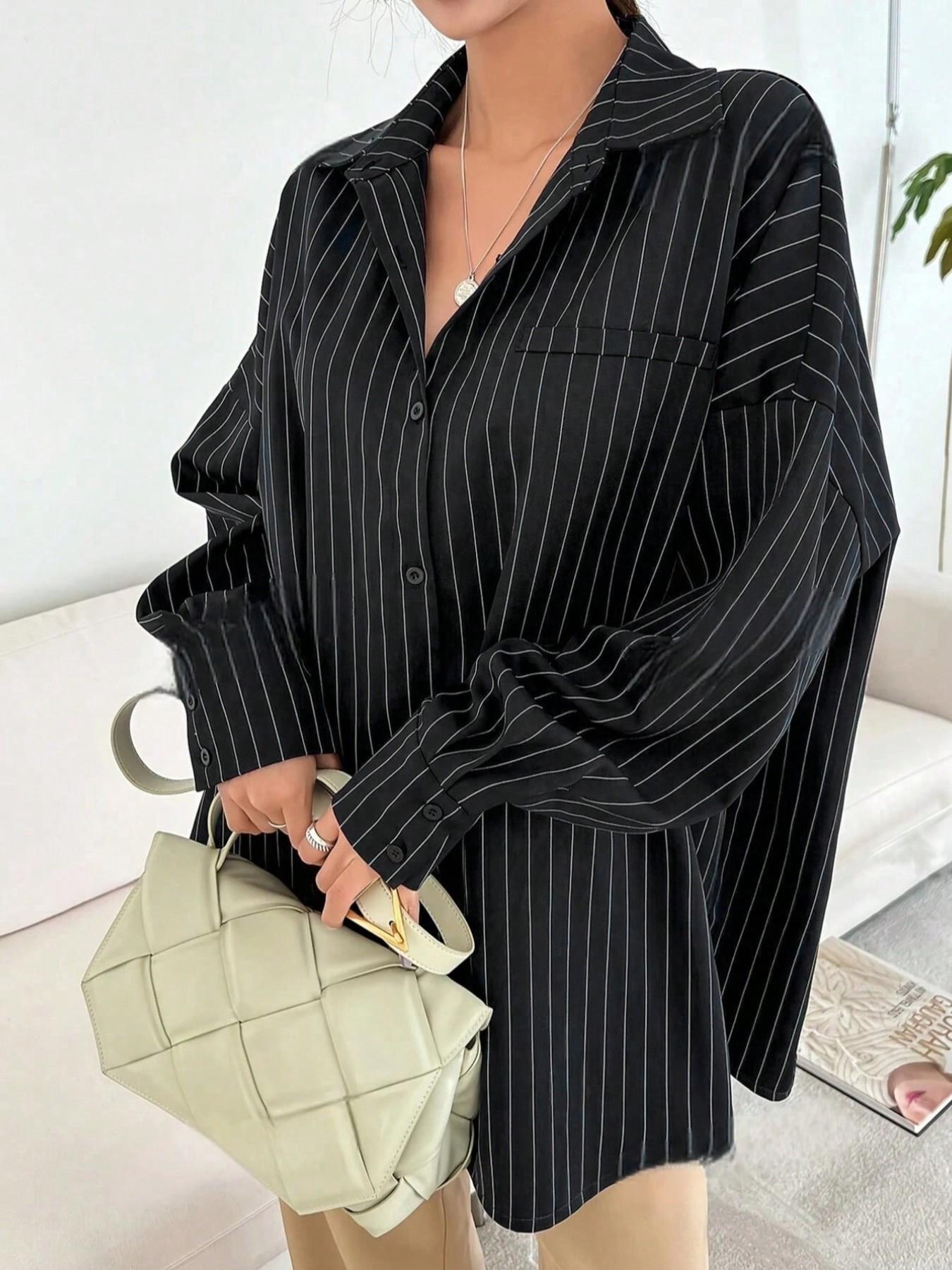 Women's Vertical Striped Drop Shoulder Long Sleeve Button Shirt, Casual Breathable Comfortable Loose Blouse, Fall Fashion Top