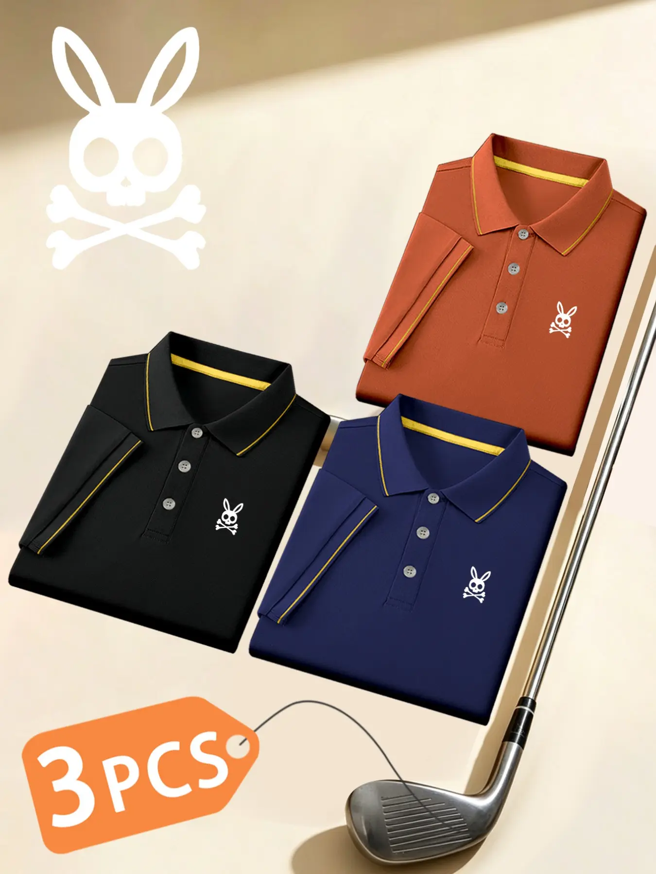 Men's Luxury Top Golf Polo Shirts, Casual Polo Shirt, Buttoned Polo Shirt, 3-Pack, Skull Rabbit Print, Collared, Stretchy, Breathable, All-Season, Comfortable, Durable