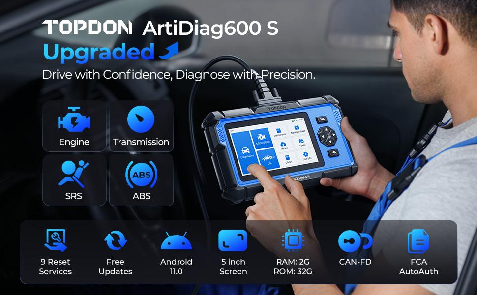 TOPDON AD600S Car OBD2 Scanner, Diagnostic Tool, ABS SRS Transmission Engine Code Reader, 9 Reset Services Scan Tool, Oil/Brake/BMS/SAS/DPF/TPMS/ETS Reset, Injector Coding, Lifetime Free Update fathersdaygift