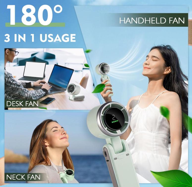3-in-1 Head-Fold Handheld/Neck/Desk Portable Turbo Fan with LED Display, 3600mAh USB C Rechargeable 12H Runtime,13550 RPM 5 Speeds Adjustable Pocket Cooling Fans for Travel/Camping/Office/Makeup 3-in-1 Head-Fold Handheld/Neck/Desk Portable Turbo Fan with LED Display, 3600mAh USB C Rechargeable 12H Runtime,13550 RPM 5 Speeds Adjustable Pocket Cooling Fans for Travel/Camping/Office/Makeup