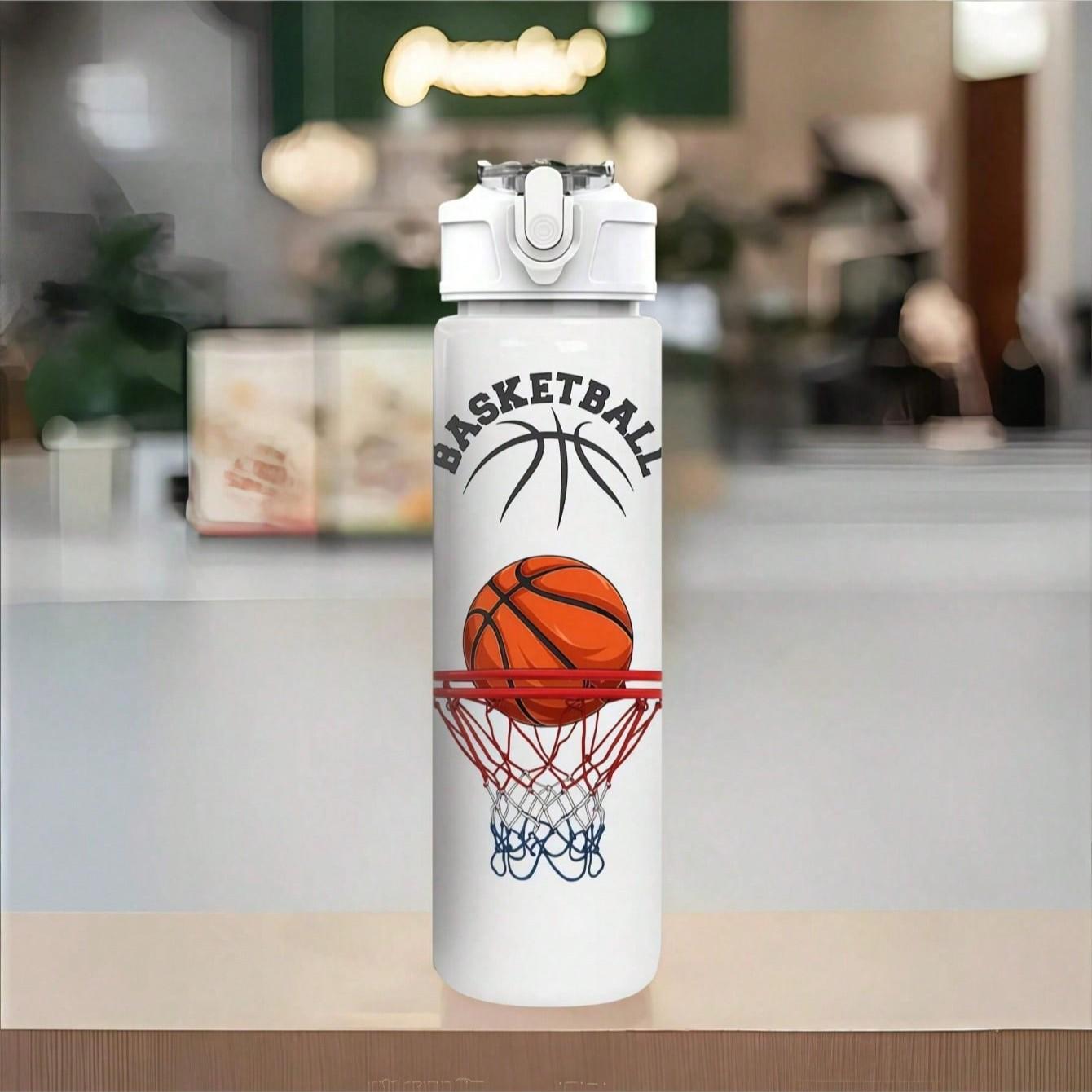 750ML Basketball Pattern Sports Water Bottle, Leak-Proof, Portable, Shatterproof, Pop-Top Lid, Ideal for Running, Birthday, Christmas Gifts