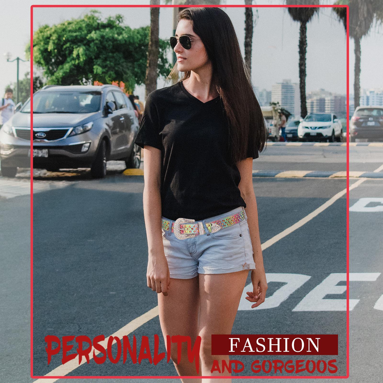 Shiny Luxury Rainbow Klein Stone Western Buckle Belt, Summer Fashion Holographic Belt, Rhinestone Cowgirl Belt, Glitter Sparkle Punk Belt for Party Dance, Daily Clothing Decoration Style cheetah print belt belts men