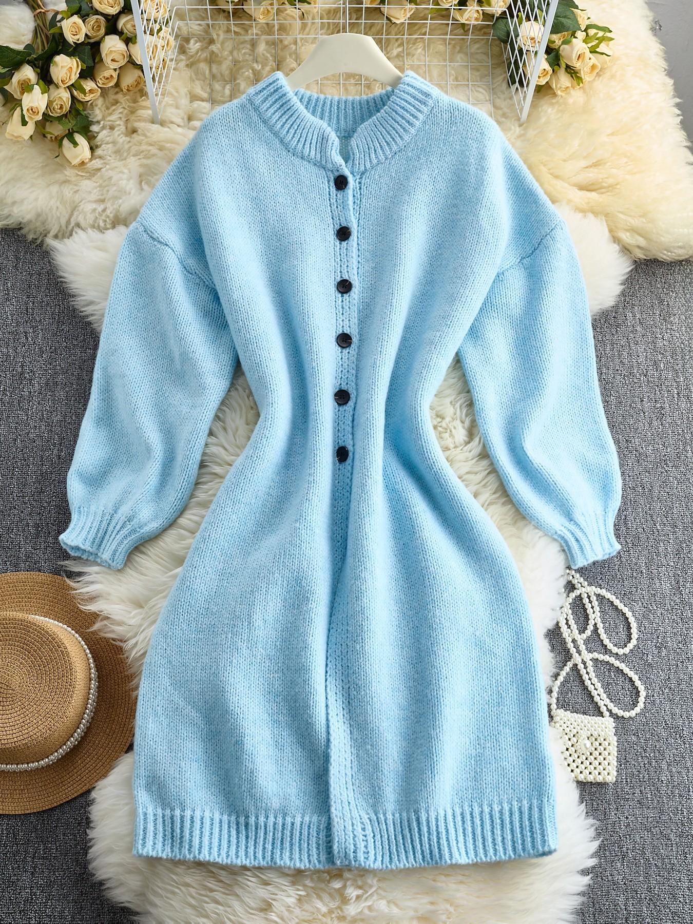 Women's Solid Color Casual Long Knit Cardigan, Button Stand Collar Long Sleeve Fall & Winter Loose Oversize Sweater Coat, Comfortable Outerwear