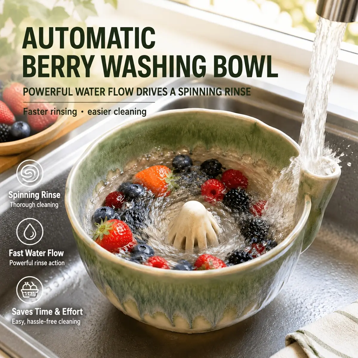 Ceramic Berry Basket Colander, Self-Draining Stoneware Fruit Washing Bowl with Holes, Rinse & Serve Strainer for Blueberries Strawberries Cherries, Farmhouse Kitchen Countertop Food Storage
