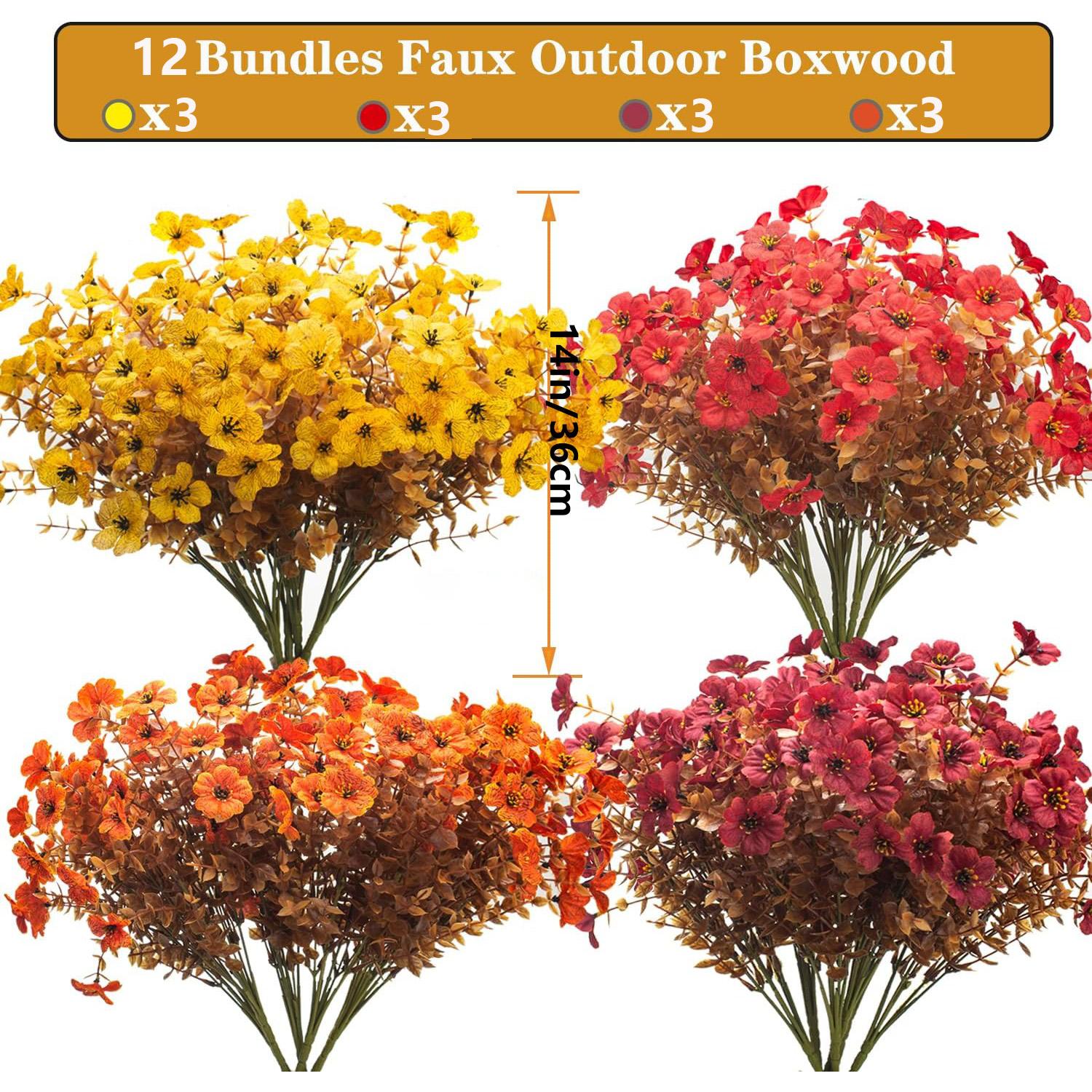12 Bundles UV Resistant Artificial Fall Flowers for Outdoor - No Maintenance Thanksgiving Decor with Orange Blooms, Faux Silk & Plastic Plants, Fake Flower Plants for Porch, Yard (Fall Coffee Mix)