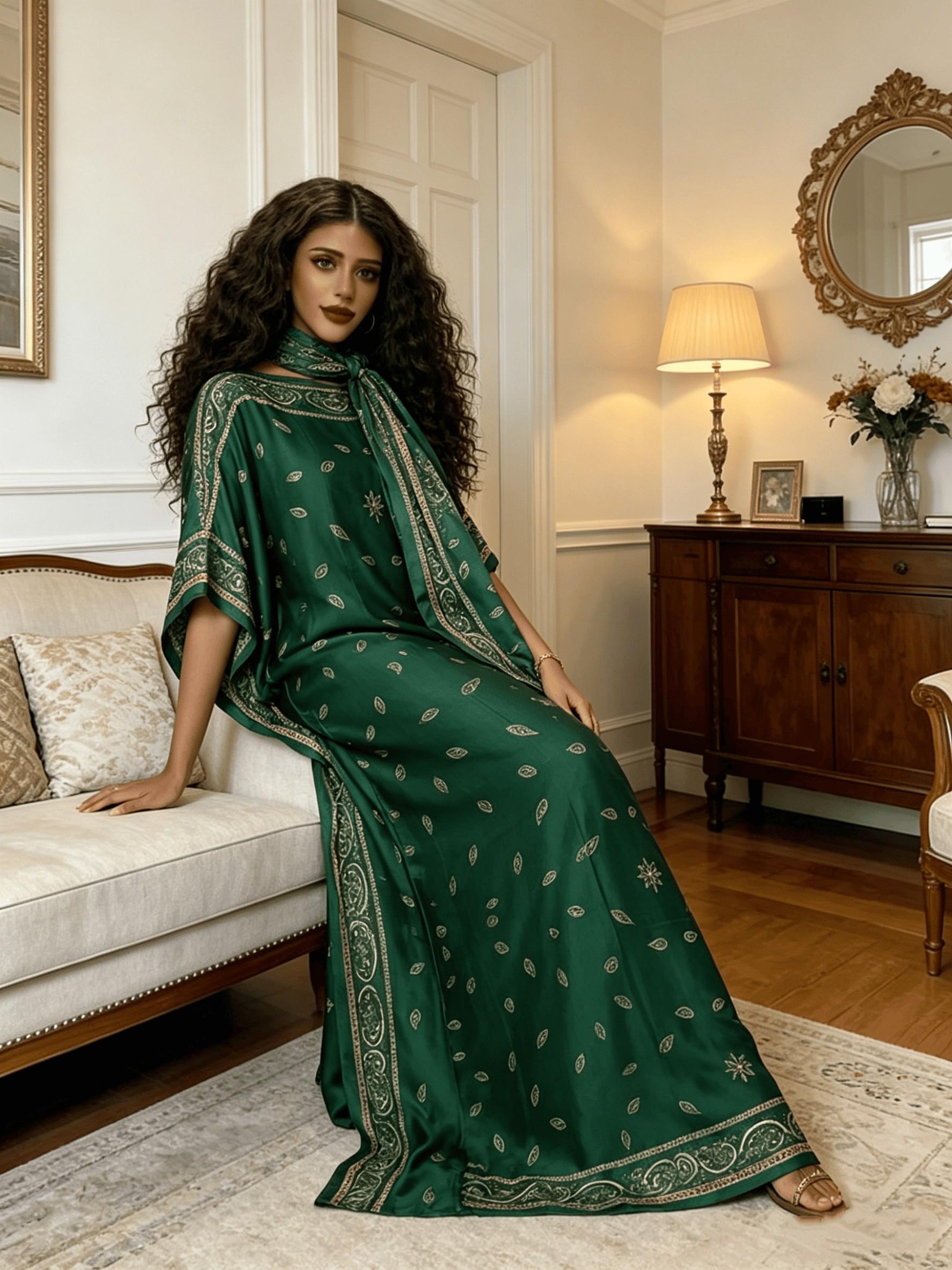 2026 New Women's 2 Piece Emerald Green Paisley Print Kaftan Maxi Dress with Matching Statement Scarf, Silky Loose Pleated Robe, Plus Size Friendly, Summer Beach Cover Up, Resort Vacation & Evening Party Wear