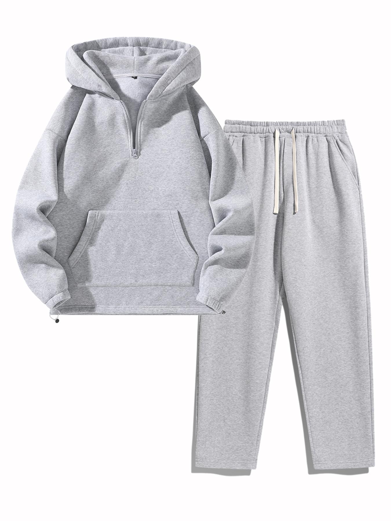 Men's Plain Two-piece Sweatsuit Set, Basic Regular Fit Casual Drop Shoulder Half Zip Zippers Long Sleeves Fitted Hoodie & Pocket Drawstring Elastic Sweatpants, Men's Clothing
