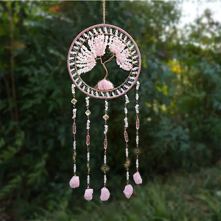 Pink Rose Quartz Crystal Tree of Life Dream Catcher Handmade Gemstone Wall Hanging Decor Aesthetic Boho Room Garden Ornament Rainbow Beaded Suncatcher Macrame Optical Illusion Night Light Accessory for Bedroom Living Home # doggallery finds duck fantasy