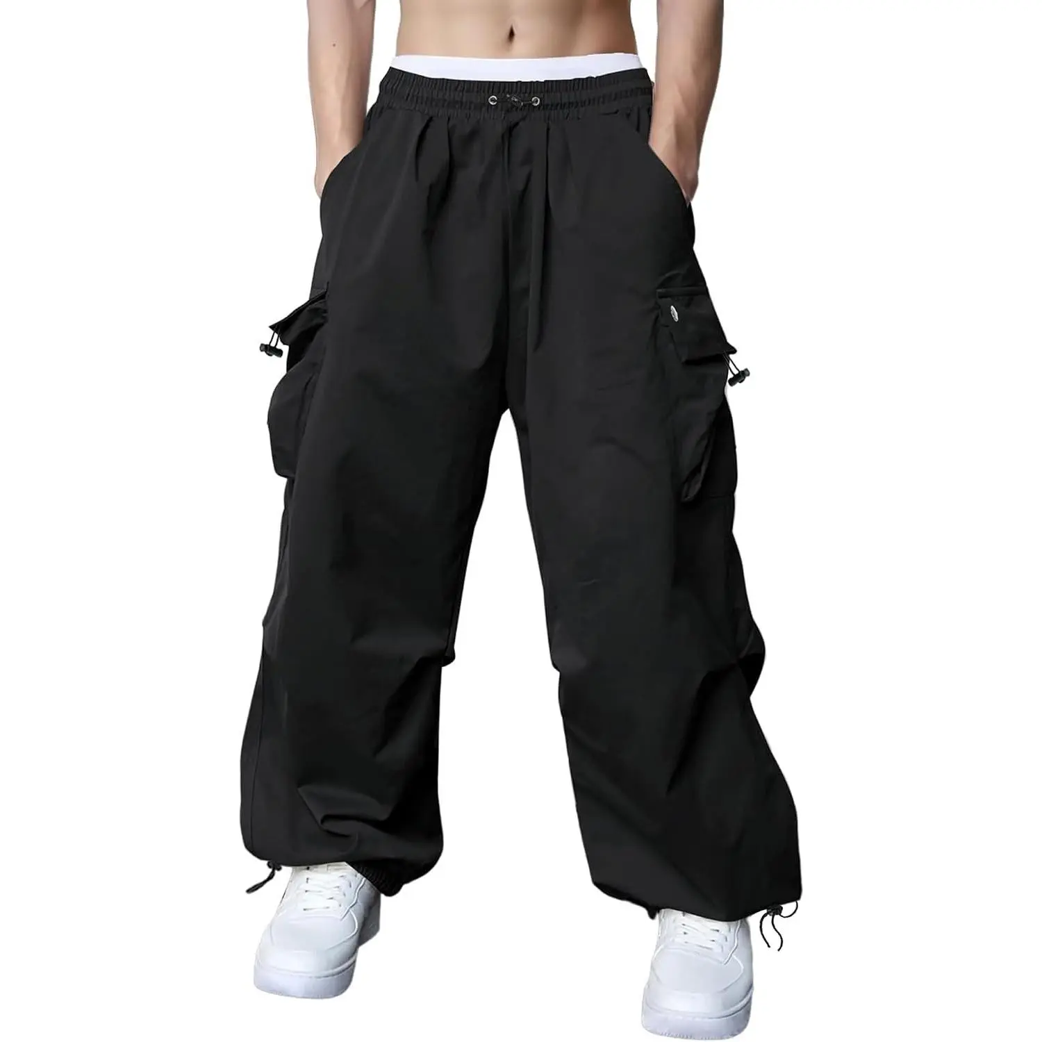 Mens Baggy Cargo Parachute Pants Y2K Loose Fit Casual Sweatpants | Lightweight, No iron Wrinkle-free, Elastic Waistband, Adjustable Hem, Drawstring, Y2k Wide leg Streetwear, Harem Joggers