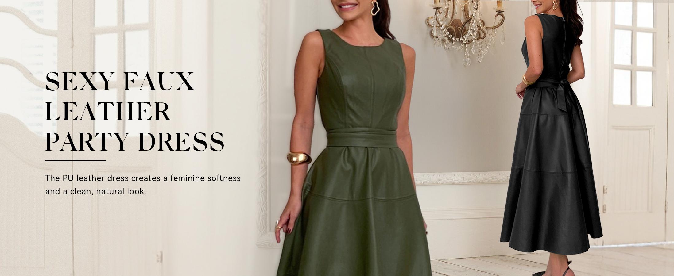 CHARTOU Women's Summer and Autumn Sleeveless PU Faux Leather Dress Elegant Flowing Maxi Dress with Belt