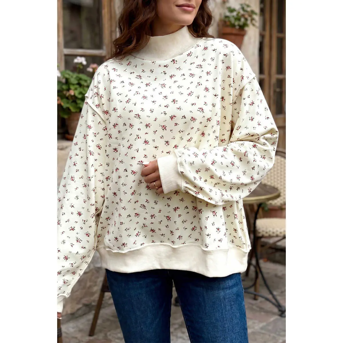 Beige Ribbed High Neck Patchwork Floral Print Baggy Pullover Sweatshirt
