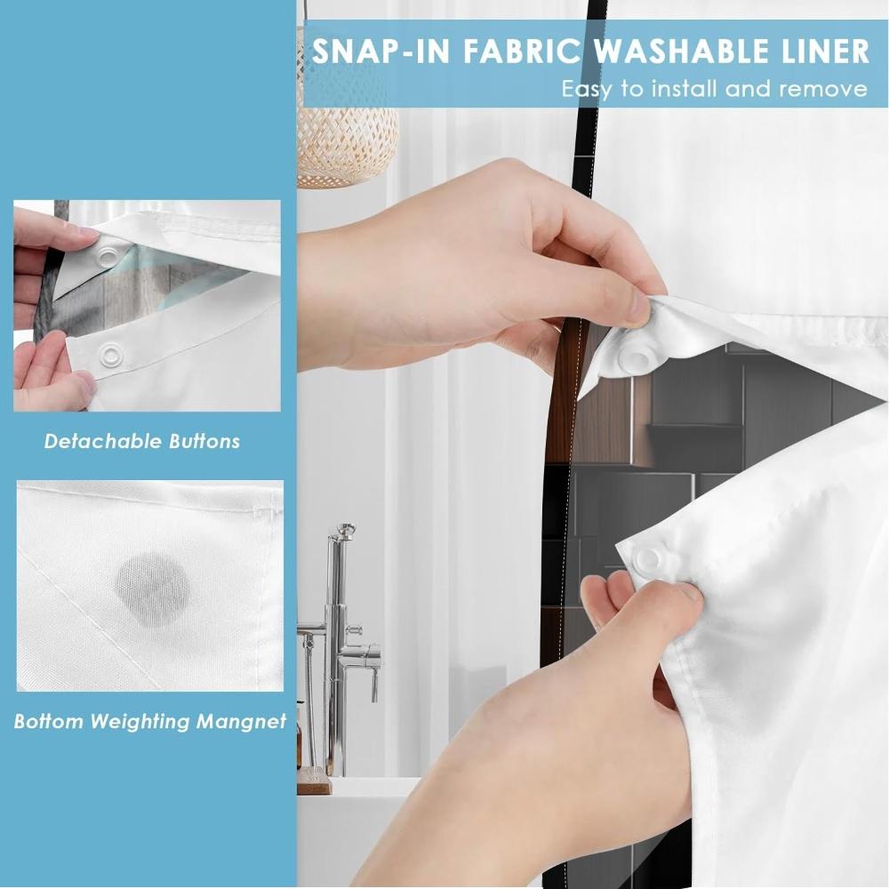 1pc hookless shower curtain with buckle lining, black and orange 3D square patchwork design, 2D flat printing, waterproof fabric lining, see-through double-layer shower curtain, 71 x 74 inches, modern home draping curtain.