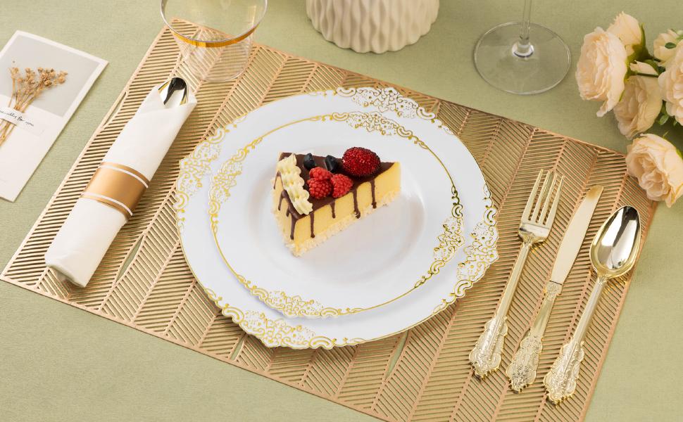 Elegant Gold Plastic Plates for 50 Guests 100 Rim Plates 50 Silverware Sets 50 Napkins Disposable Cups Engagement Tray Ideal for Weddings Parties Christmas Vintage Gold Rim Design Durable and Reliable Elegant Gold Plastic Plates for 50 Guests 100 Rim Plates 50 Silverware Sets 50 Napkins Disposable Cups Engagement Tray Ideal for Weddings Parties Christmas Vintage Gold Rim Design Durable and Reliable