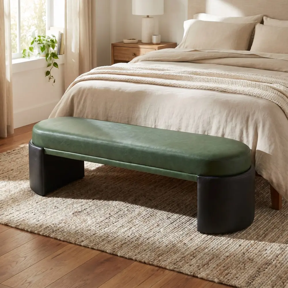 62.83" Modern Upholstered Dining Bench, Green & Black PU Leather Accent Bench with Rubber Wood & Plywood Frame, Contemporary Long Entryway Bench, Kitchen Dining Room Seating, Comfortable Backless Bench Chair, 250 lbs Weight Capacity Furniture for Home Dec