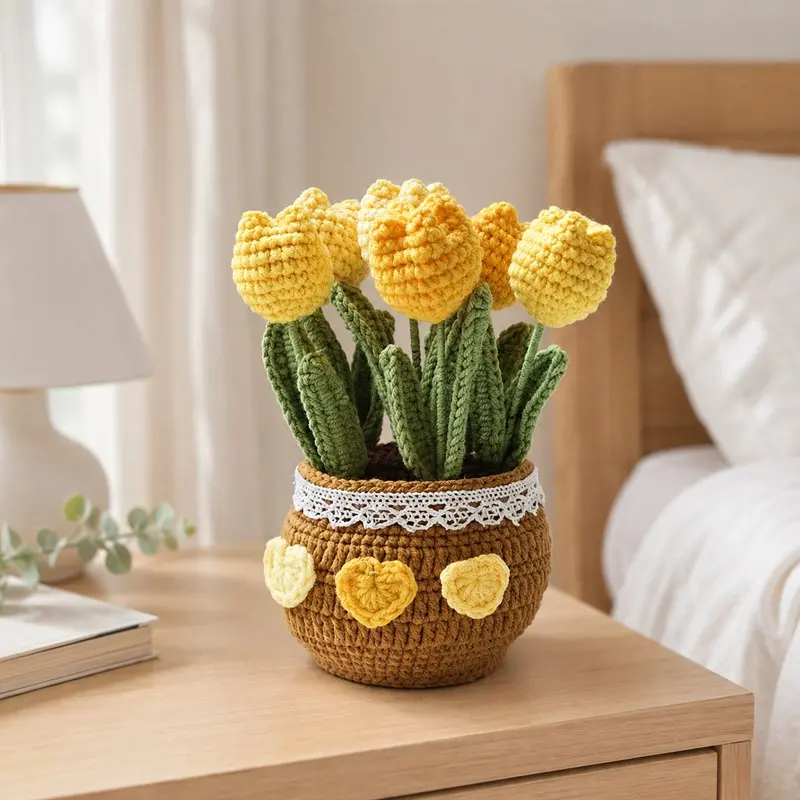 Knitted flower set, tulip knitted bouquet, fluffy crochet potted plants, handmade tulip flowerpot craft decoration