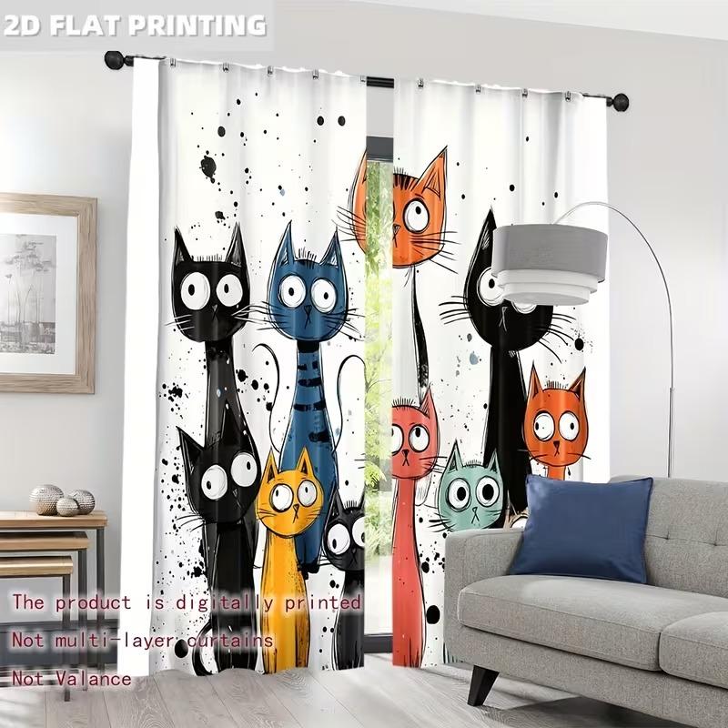 Whimsycat Light Filtering Curtains Set, Durable Polyester Material, Colorful Cartoon Cat Design, Easy Pole Pocket Hanging, Ideal for Bedroom Office Kitchen Living Room Study
