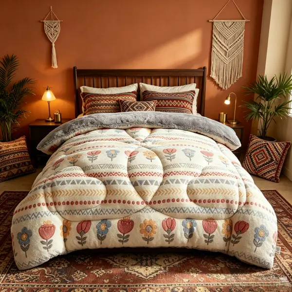 Floral Geometric Printed Snow Flannel Comforter, Double‑Sided Thick Fluffy Bedding Comforter, All‑Season Heavy‑Weight Warm Comforter for Bedroom Dorm