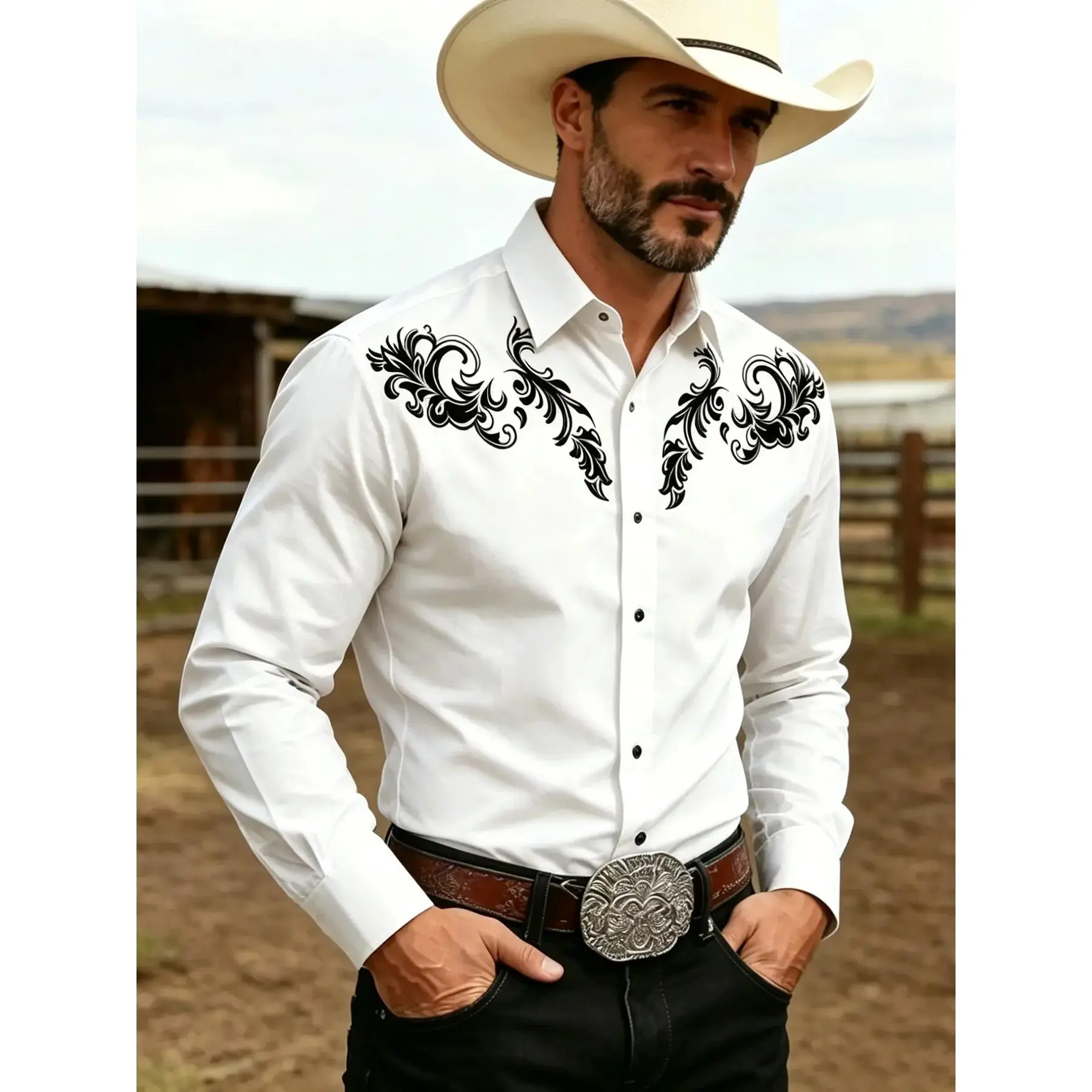 Men's Western Cowboy Print Short Sleeve Slim-Fit Full-Button Front Shirt, Vintage Casual Style, Classic Vibe, Machine Wash Ok, Year-Round Wear, Ideal for Rodeo, Parties, Multiple Colors Available