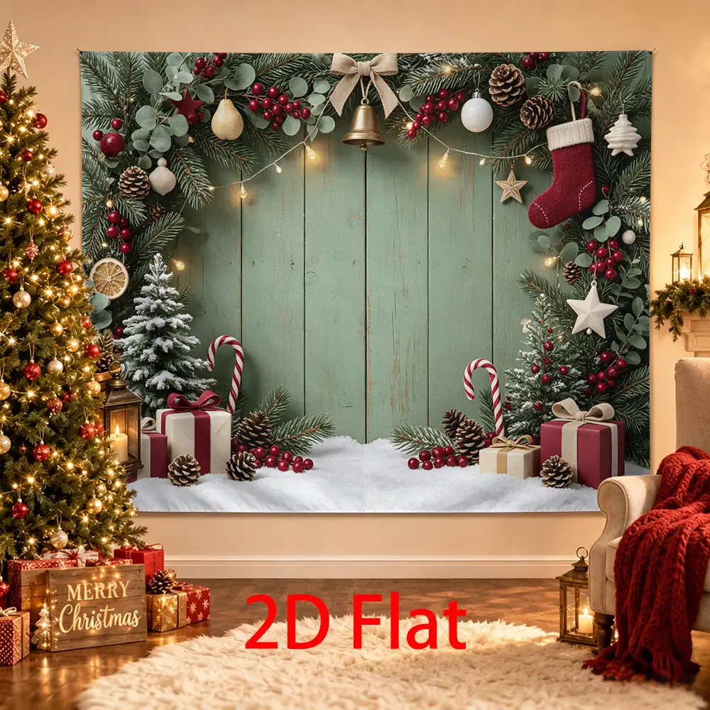 Sage Green Christmas Backdrop - Rustic Holiday Wooden Look Photo Background for Home Festive Parties, Featuring Evergreens, Red Berries, Gifts, Candy Canes, Snow