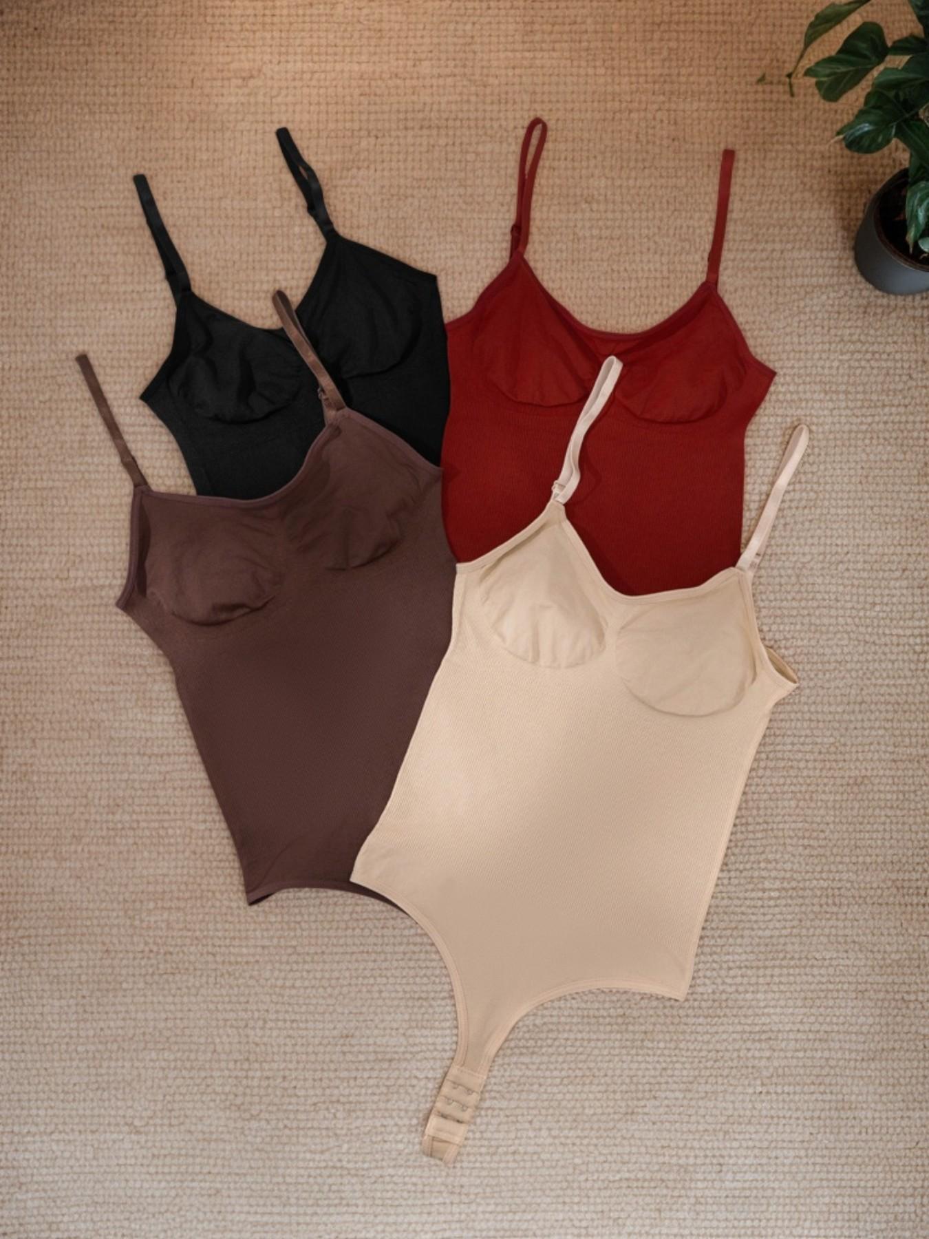 4-Piece Women's Ribbed V-Neck Bodysuit with (Sizes S-XXL) – Adjustable Thin Straps & Multi-Row Back Closure – Black/Wine Red/Brown/Apricot/Green/Blue/Pink – Suitable for Daily Wear, Commute & Layering