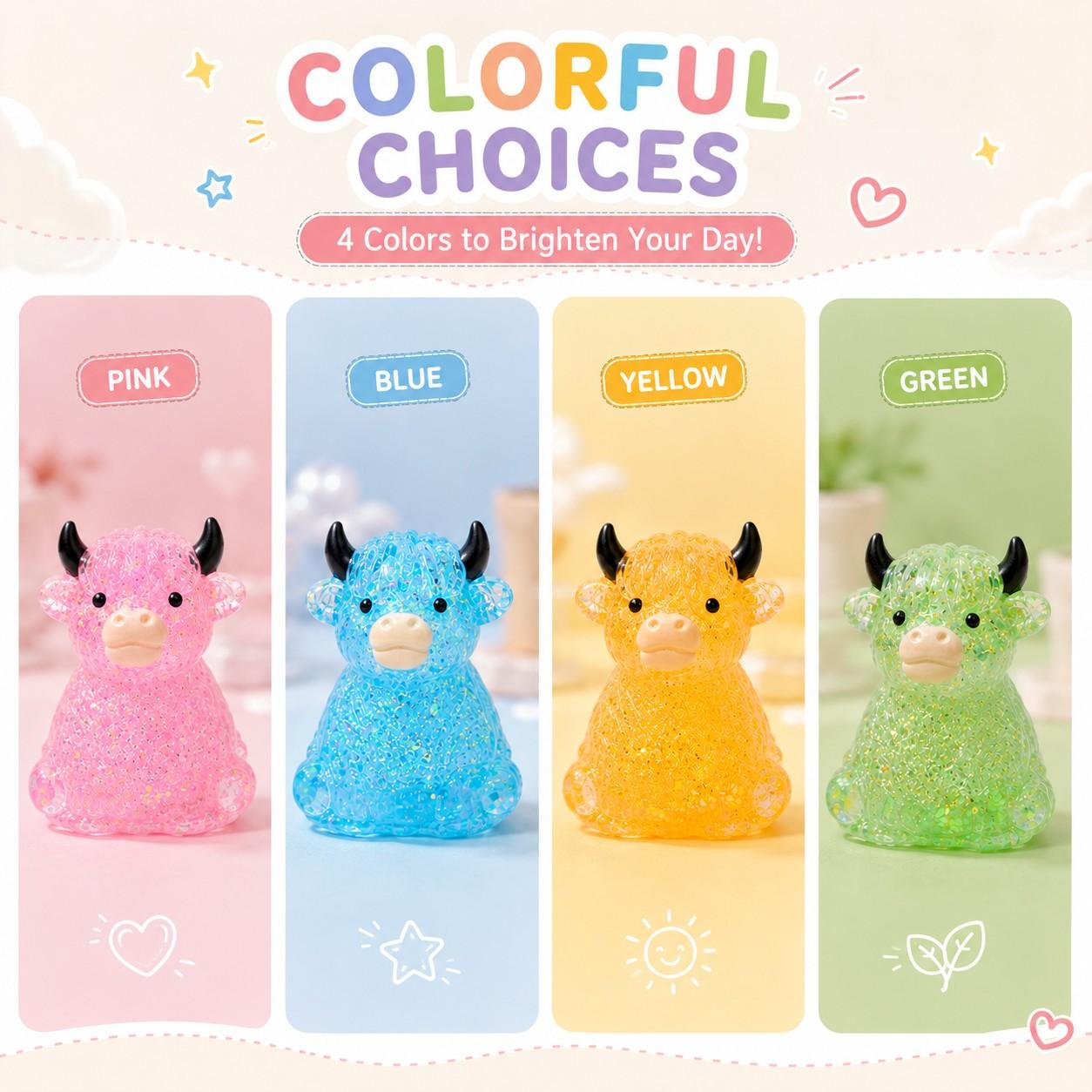 1/2/4 PCS Glitter Highland Cow Squishy Fidget Toy Soft Slow Rising Stress Relief Ball Sparkly Squeeze Sensory Toy For Teens Adults Cow Lovers Desk Relaxation Party Favor