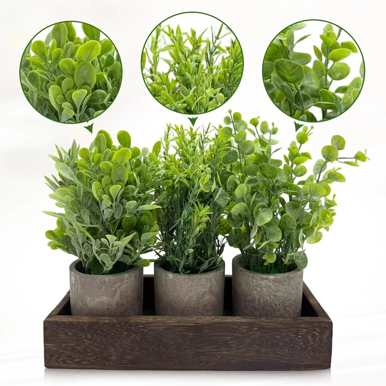 Set of 3 Artificial Eucalyptus & Rosemary Arrangements - Realistic Faux Greenery Tabletop Centerpiece - Vintage Metal Bucket Style Potted Plants for Home Office Wedding Decor