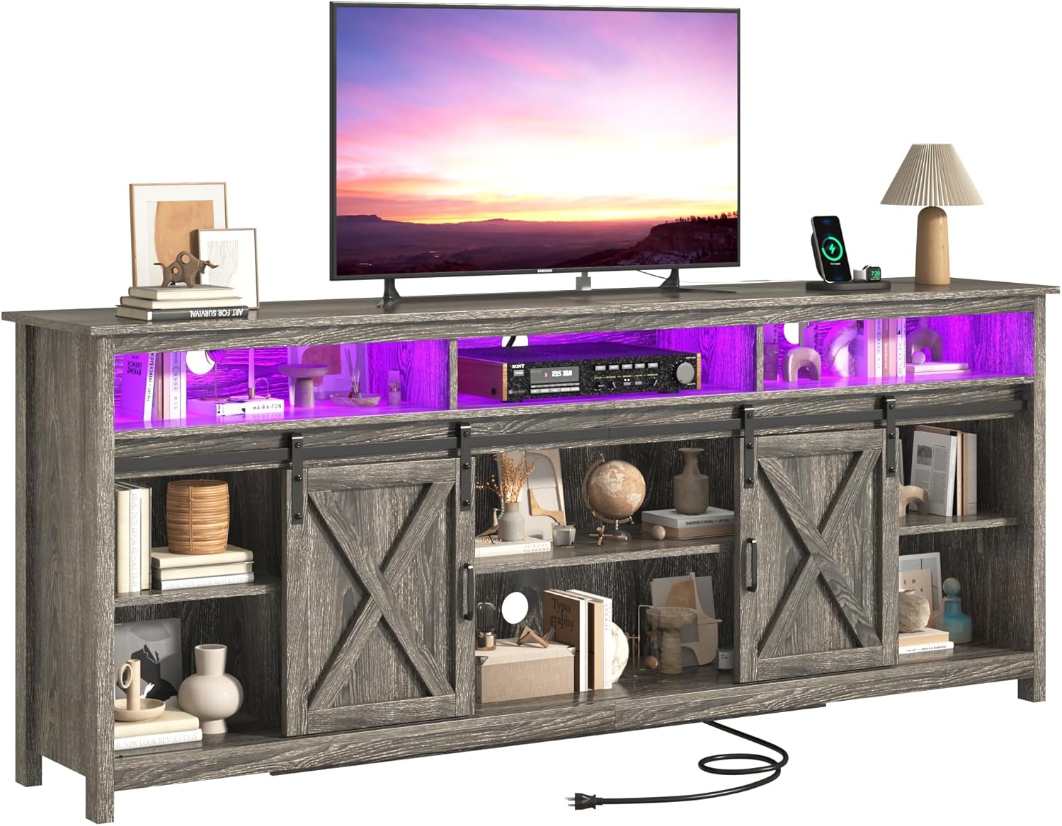 57/70/80.7in Wooden Farmhouse Entertainment Center for 90/85/80/75 inch TV,Double Layer Storage Farmhouse TV Stand,Double-Row Sockets with Wood Sliding Barn Door TV Stand (Brown/grey/white/Rustic Brown)