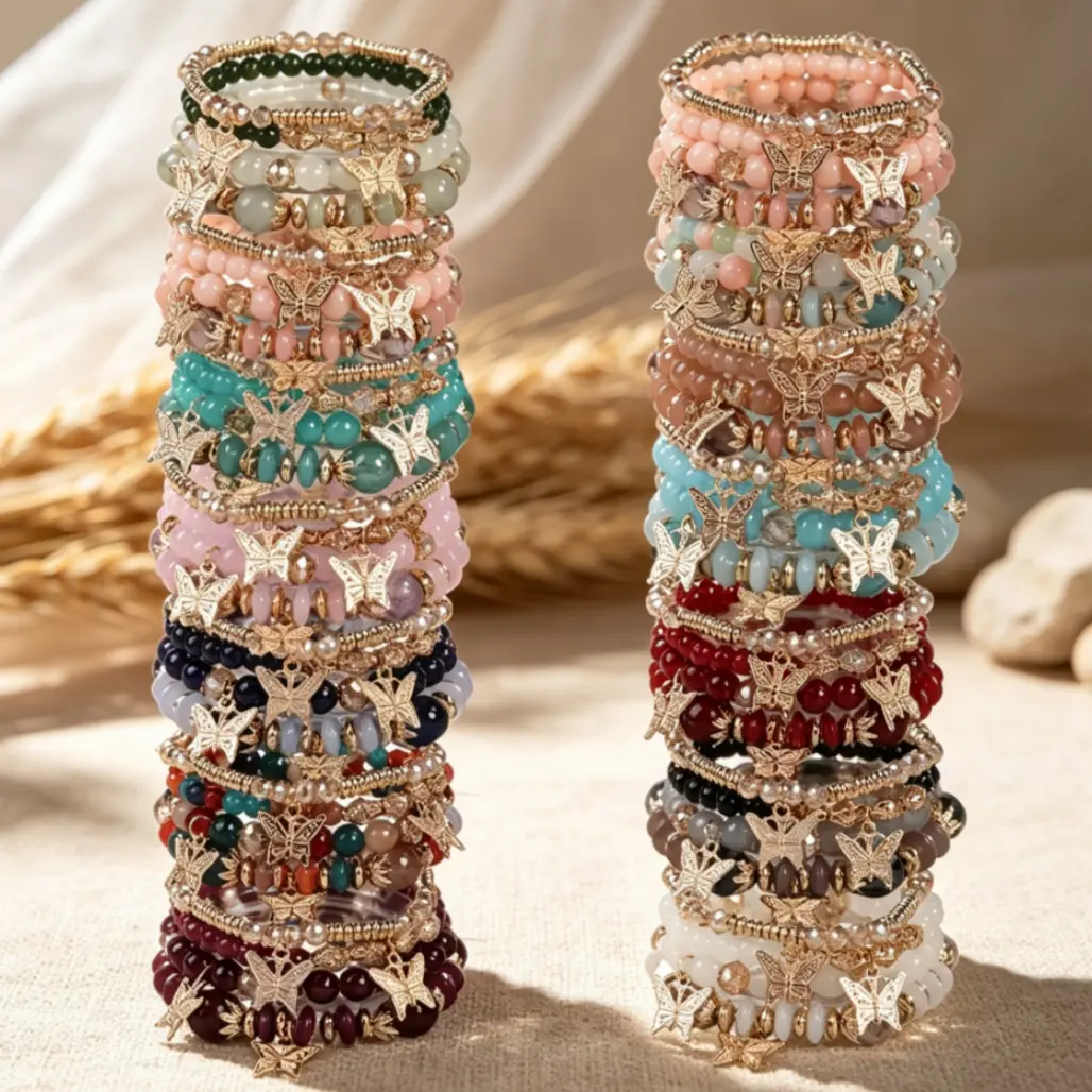 Women's 8/12/16/24Pcs Multilayer Glass Beaded Stacking Bracelet Gift Sets - Jewelry for Women, 4-Color Bead Mix, Butterfly Stars Decor, Metallic Shine, Boho Chic Casual Daily Multilayer Bracelets & Bangles, Ideal Anniversary Accessory