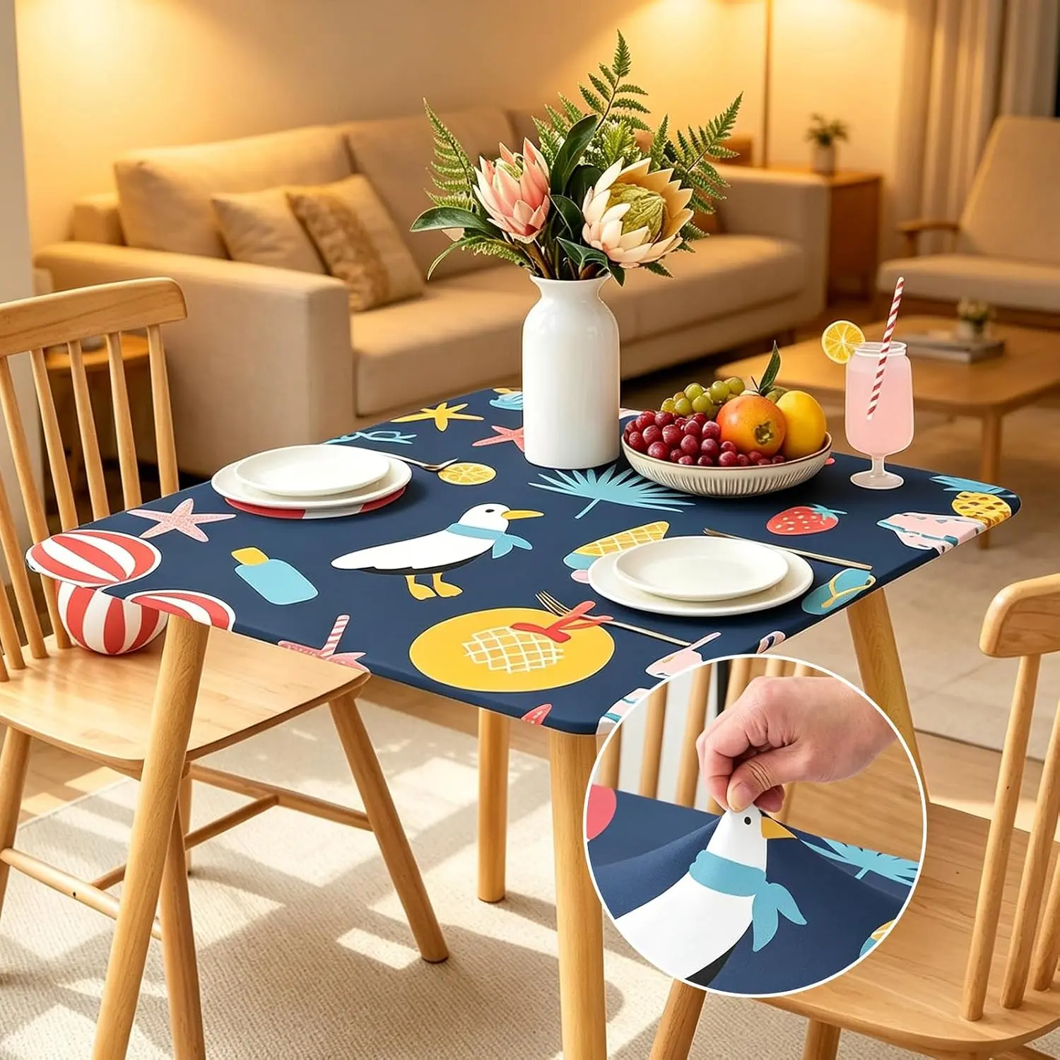 Dark Blue Fitted Square Table Cloth 48x48 Inch Spandex Stretch Table Cover| Wrinkle Free Tablecloth for Outdoor Square Tables Washable Fabric Table Cloth with Seagull & Swim Ring No Slip Windproof