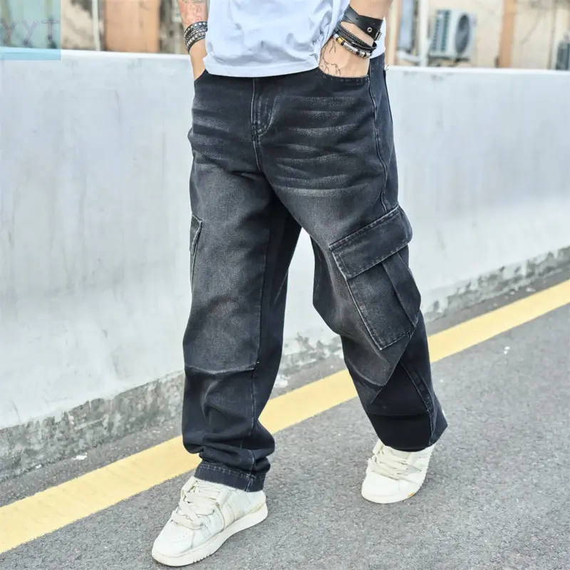 YYT1 Men Stylish Multiple pockets Cargo Jeans Trousers  Male Streetwear Solid color Loose Carpenter Straight Pants Fathersdaygift Casual Menswear Classic Tops Outfit Plain baggy pants  baggy jeans men Beige baggy jeans men baggy pants black jeans outfit