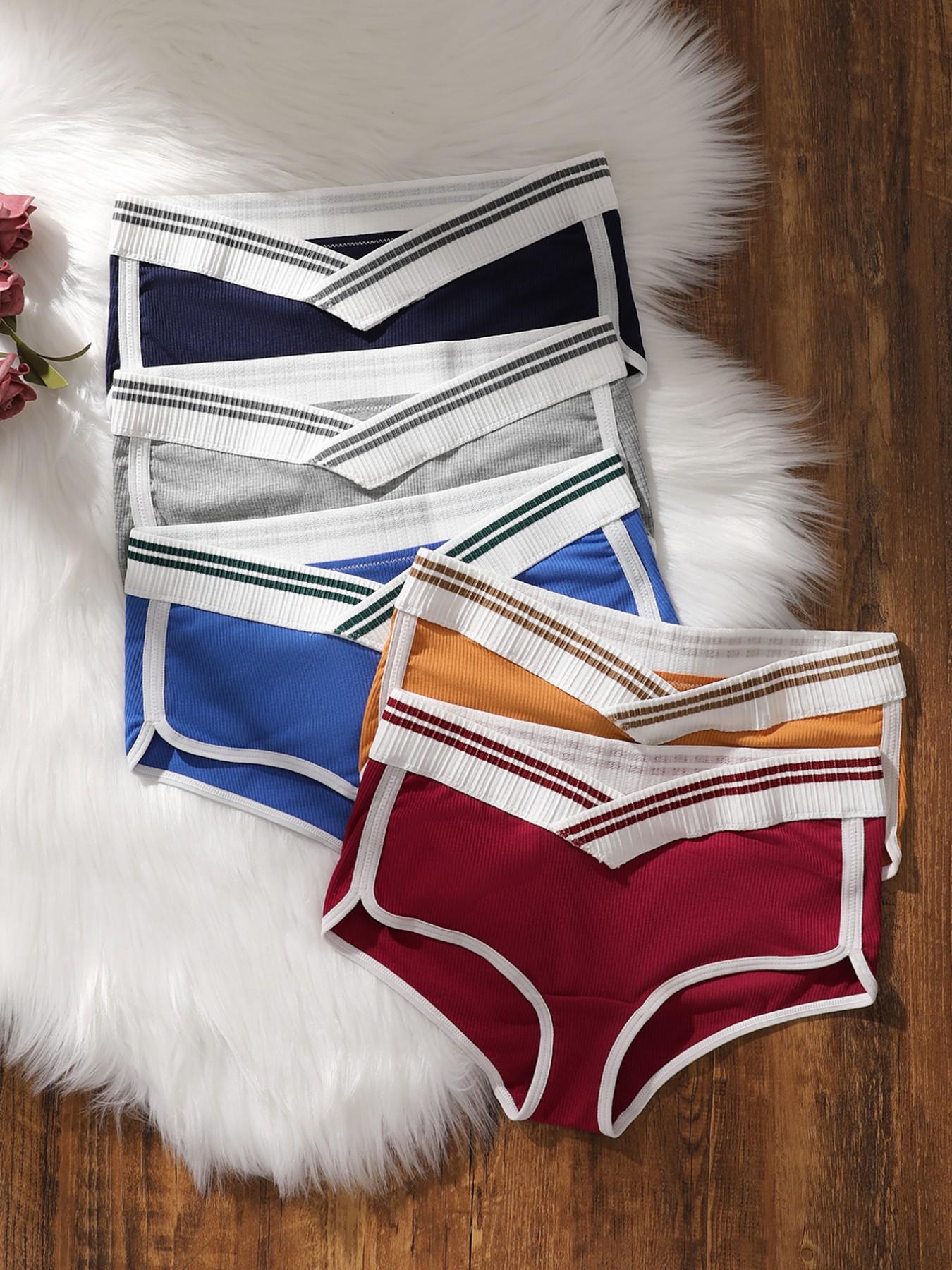 Women's Striped Underwear Set, Wide Waistband Sport Style, Multi-Color Comfortable Breathable, Elastic Fit, Suitable for All Seasons