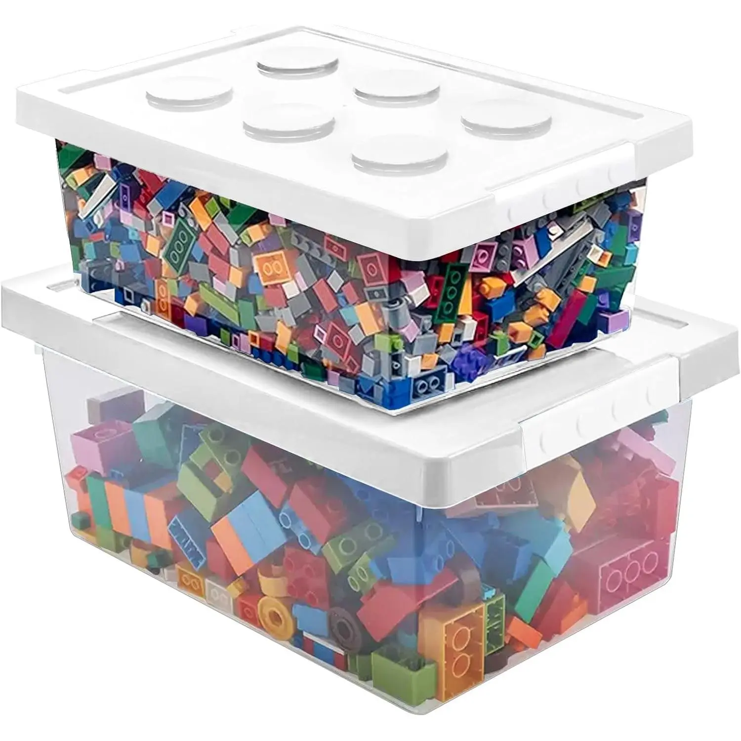 Plastic Storage Bins with Lids Stackable Toy Storage Organizer Box Set of 2, Toy Chests with Compatible Building Baseplate and Lid, Storage Container for Building Bricks & Toys- White